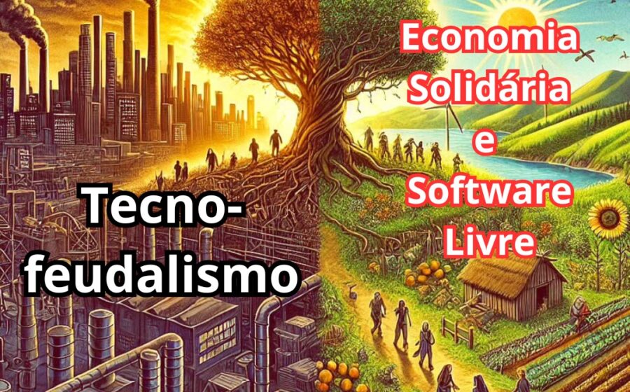 Mapa da Europa com logotipos de software livre substituindo ícones de Big Tech como Google e Microsoft