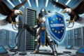 Bandeira europeia sobre código aberto simbolizando soberania digital da França contra Big Tech