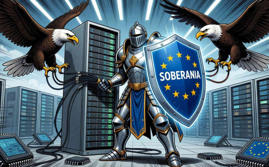 Bandeira europeia sobre código aberto simbolizando soberania digital da França contra Big Tech