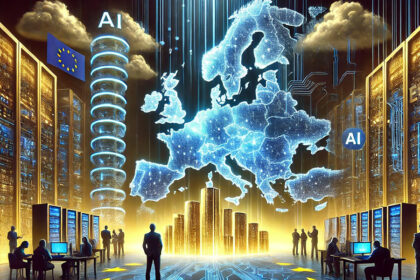 Mapa da Europa com ícones de código aberto substituindo logos de Big Tech, simbolizando soberania digital