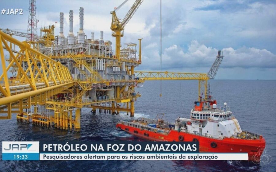 Plataforma de petróleo ExxonMobil na Foz do Amazonas com navio sísmico pesquisando blocos exploratórios