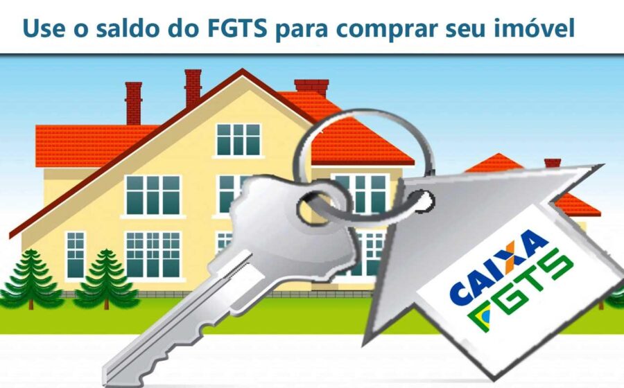 Família recebendo chaves de casa própria com logotipo FGTS e Minha Casa Minha Vida