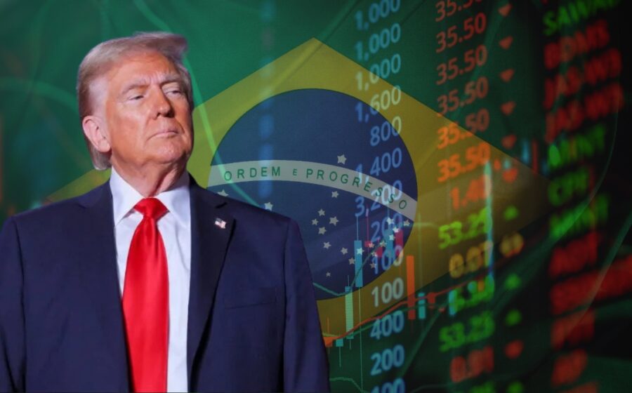 Gráfico de juros do Fed com dólar e bandeira do Brasil ao fundo