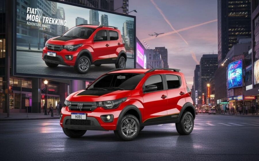 Carros Fiat Mobi, Argo, Cronos e Toro em concessionária com banner de desconto para taxistas e motoristas de app