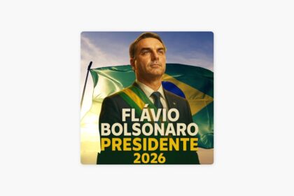 Flávio Bolsonaro em destaque com bandeiras do Brasil, Venezuela e EUA ao fundo simbolizando disputa geopolítica