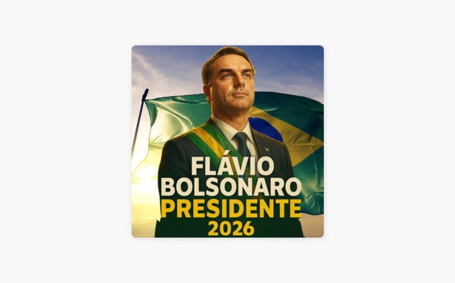 Flávio Bolsonaro em destaque com bandeiras do Brasil, Venezuela e EUA ao fundo simbolizando disputa geopolítica