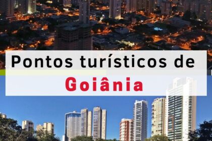 Guia turístico em Goiânia apresentando roteiro Art Déco com bougainvilles ao fundo