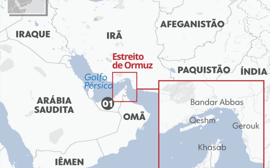 Navio de guerra bloqueia Estreito de Hormuz com petroleiros parados, simbolizando crise do petróleo e tensão Trump-Irã