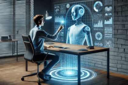 Advogados em grande escritório usando interface de IA para análise de contratos, simbolizando eficiência e pressão por descontos