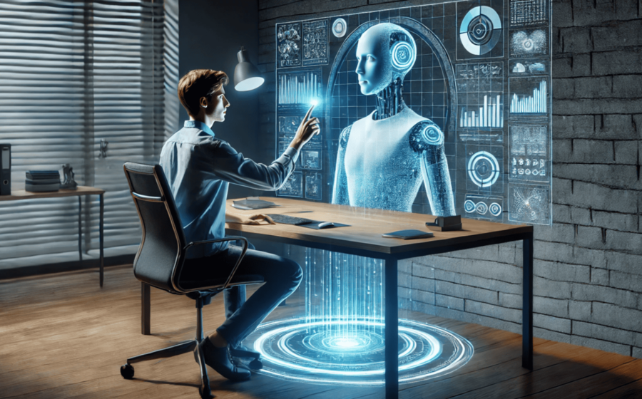 Advogados em grande escritório usando interface de IA para análise de contratos, simbolizando eficiência e pressão por descontos
