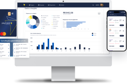 Dashboard inteligente da Paytrack com IA generativa criando relatórios de viagem automáticos