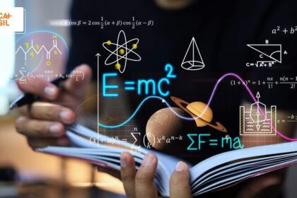Inteligência artificial analisando equações de Navier-Stokes com falhas destacadas em vermelho sobre fundo de simulação de fluidos