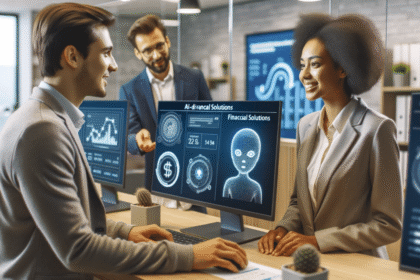 Robô de IA analisa documentos jurídicos enquanto advogados observam, simbolizando automação em grandes bancas