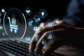 Robô de IA analisando produtos em prateleira digital enquanto consumidor observa indeciso