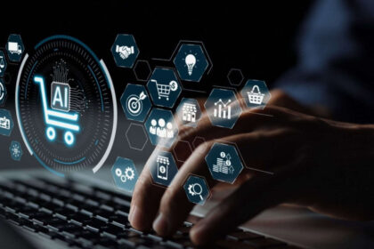 Robô de IA analisando produtos em prateleira digital enquanto consumidor observa indeciso