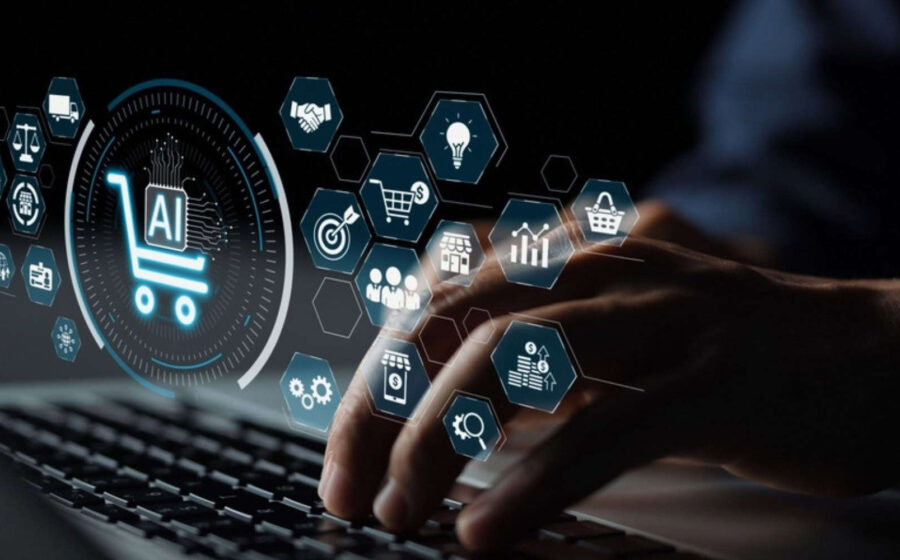 Robô de IA analisando produtos em prateleira digital enquanto consumidor observa indeciso