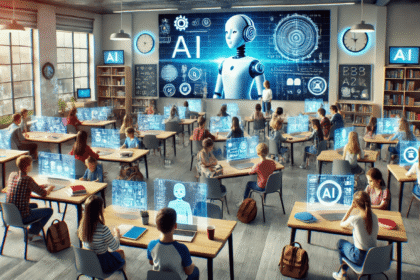 Estudantes usando inteligência artificial na sala de aula com tablets e laptops
