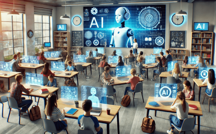 Estudantes usando inteligência artificial na sala de aula com tablets e laptops
