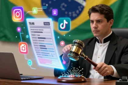 Inteligência artificial nas eleições 2026: urna eletrônica com símbolos de IA e selo de transparência do TSE