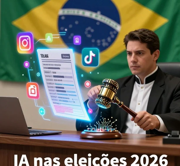 Inteligência artificial nas eleições 2026: urna eletrônica com símbolos de IA e selo de transparência do TSE