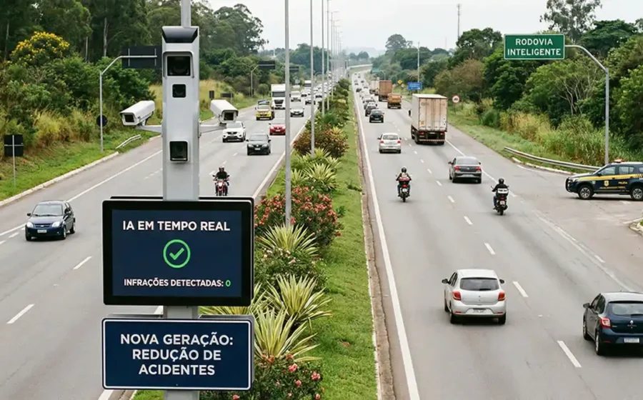 Sistema de fiscalização por IA com câmeras na Rodovia Washington Luís monitorando veículos em movimento