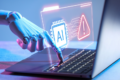 Profissionais usando ferramentas de inteligência artificial generativa no ambiente de trabalho, laptop com interface de IA