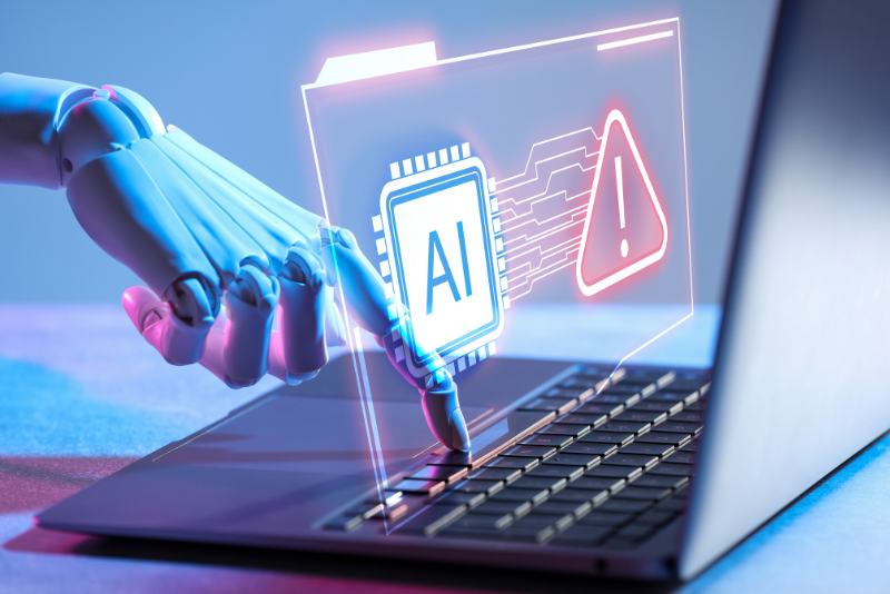 Profissionais usando ferramentas de inteligência artificial generativa no ambiente de trabalho, laptop com interface de IA