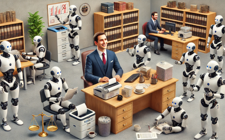 Advogados em escritório moderno analisam dashboards de inteligência artificial em telas holográficas