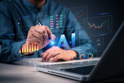Ilustração de inteligência artificial analisando gráficos financeiros e carteiras de investimento com alerta de risco
