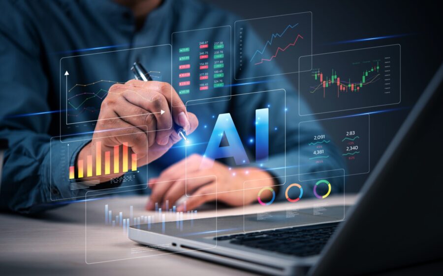 Ilustração de inteligência artificial analisando gráficos financeiros e carteiras de investimento com alerta de risco