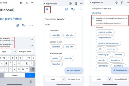 Profissional usando tradutor de IA no celular enquanto colega fala inglês em reunião de negócios