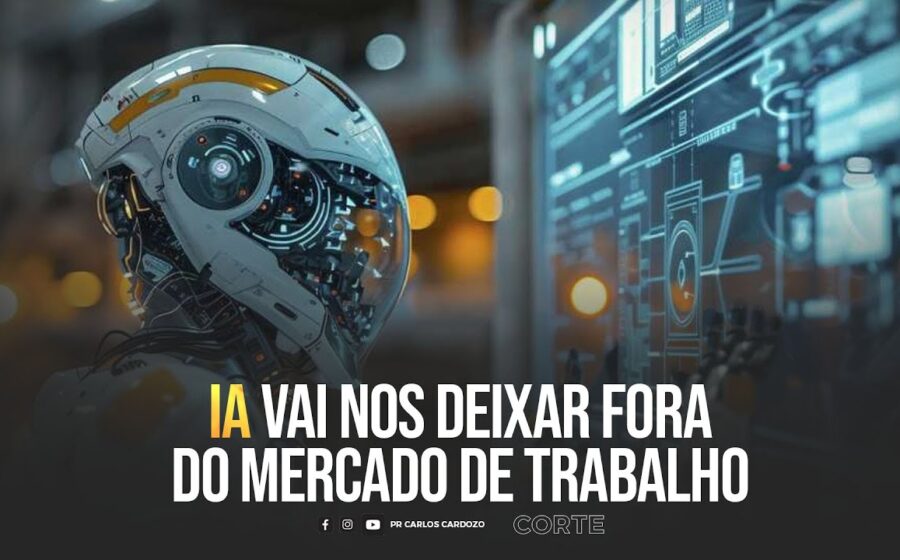 Ilustração comparando tecnologias históricas (máquina de costura, lava-louças) com IA moderna, simbolizando redistribuição do trabalho