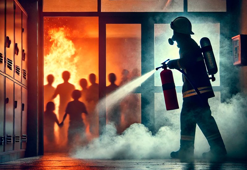 Incêndio na academia do Sindicato dos Empregados de Empresas de Segurança em Campo Grande, com bombeiros combatendo chamas