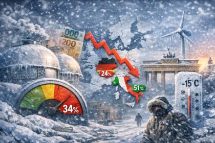Família europeia aquecendo-se em casa com termostato alto, simbolizando contas de energia elevadas