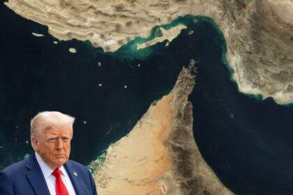 Petroleiros no Estreito de Ormuz com bandeiras do Irã e EUA ao fundo, simbolizando proposta de reabertura em 7 dias recusada por Trump