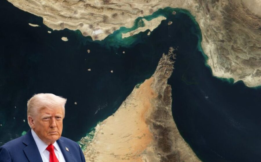 Petroleiros no Estreito de Ormuz com bandeiras do Irã e EUA ao fundo, simbolizando proposta de reabertura em 7 dias recusada por Trump