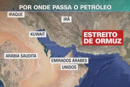 Navios petroleiros no Estreito de Hormuz com bandeira do Irã ao fundo