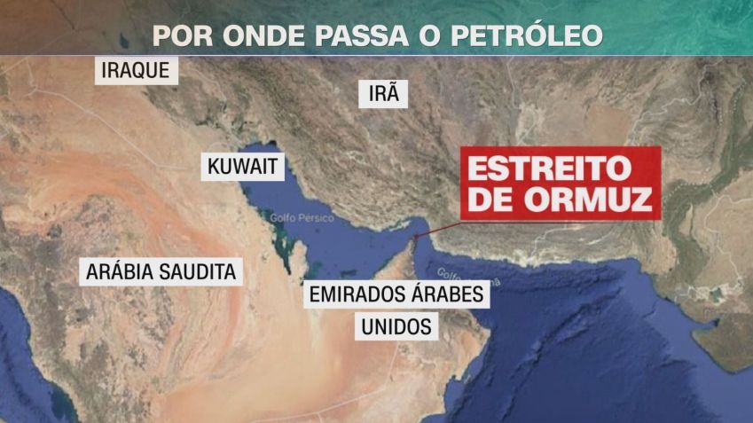 Navios petroleiros no Estreito de Hormuz com bandeira do Irã ao fundo