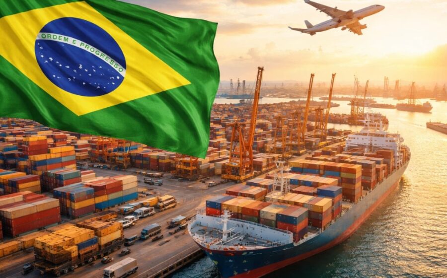 Aperto de mão entre empresários italianos e brasileiros com bandeiras dos dois países ao fundo simbolizando acordo comercial