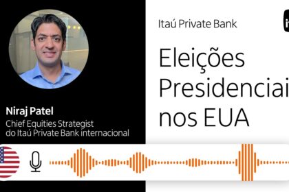 Sede do Itaú em Miami com bandeira dos EUA e Brasil, simbolizando expansão bancária