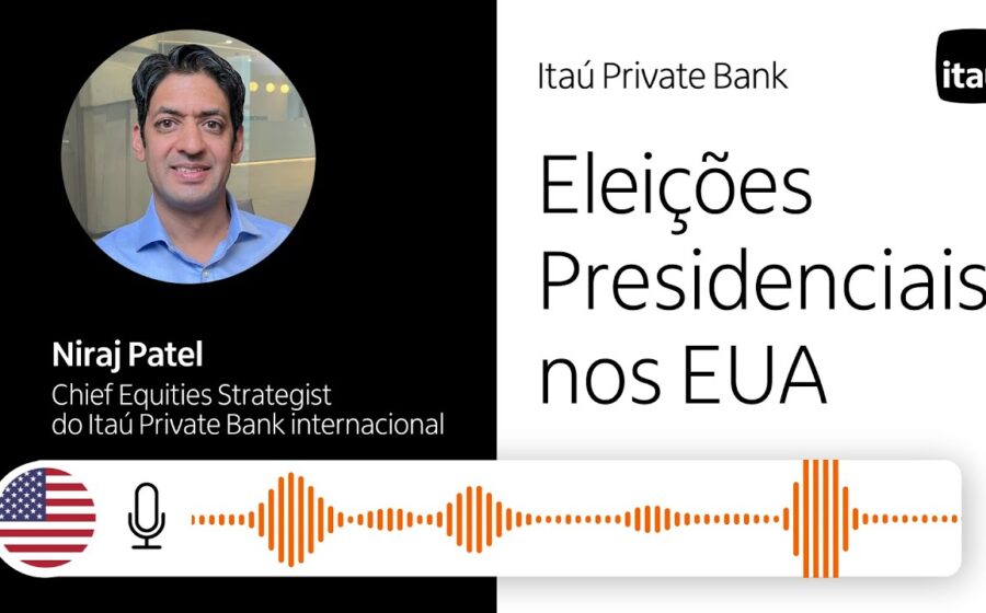 Sede do Itaú em Miami com bandeira dos EUA e Brasil, simbolizando expansão bancária