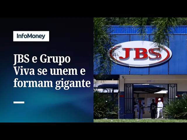 Executivos da JBS e Viva Holding apertam as mãos diante do logotipo JBS Viva, nova gigante global do couro