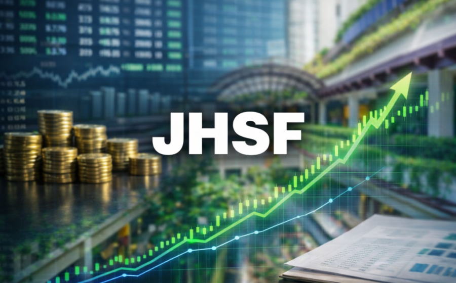 Gráfico de alta da ação JHSF com ícones de palácios, iates e dividendos mensais