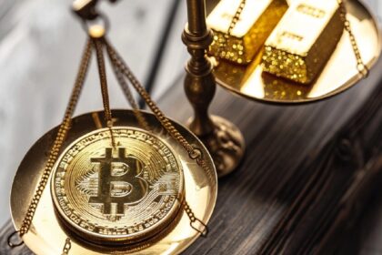 Gráfico comparativo Bitcoin vs ouro com logo JPMorgan mostrando posicionamento defensivo