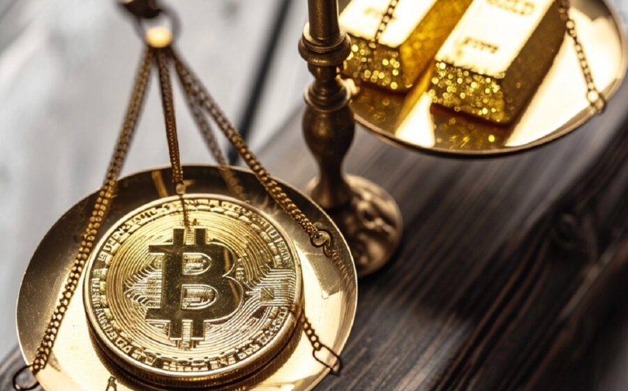 Gráfico comparativo Bitcoin vs ouro com logo JPMorgan mostrando posicionamento defensivo