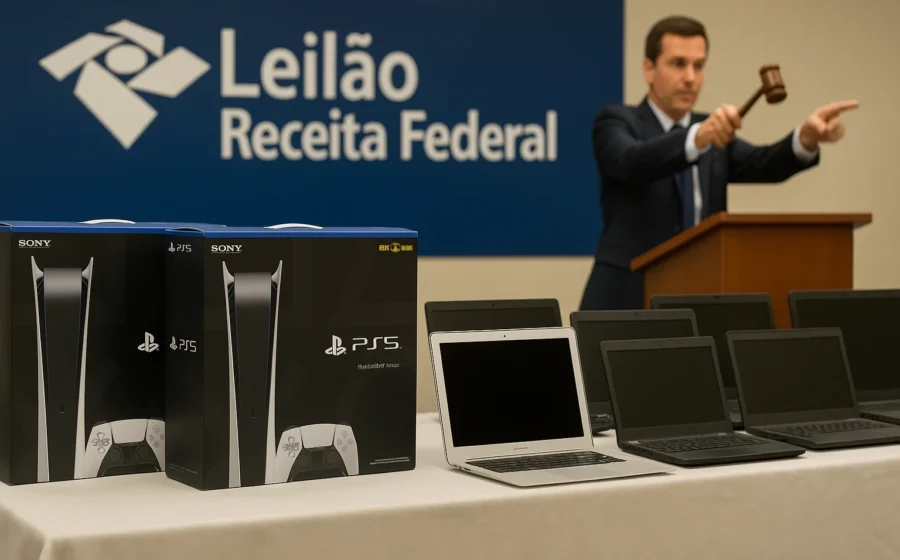 Console PlayStation 5 em leilão da Receita Federal com martelo de juiz e valores em reais