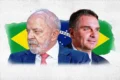 Gráfico mostra Ibovespa em alta de 6,4% e dólar em queda, com fotos de Lula e Flávio Bolsonaro lado a lado