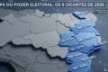 Urna eletrônica e mapa de Mato Grosso do Sul com 8 fotos de candidatos ao governo 2026