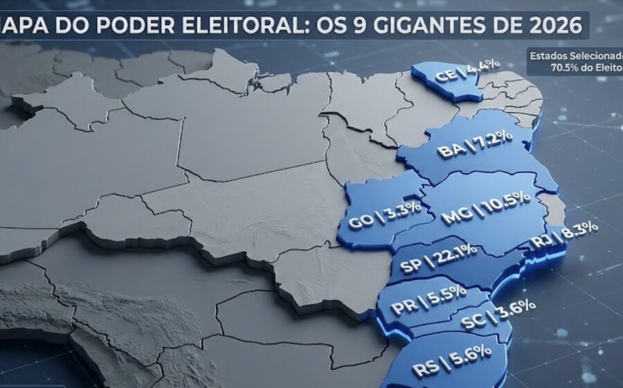 Urna eletrônica e mapa de Mato Grosso do Sul com 8 fotos de candidatos ao governo 2026