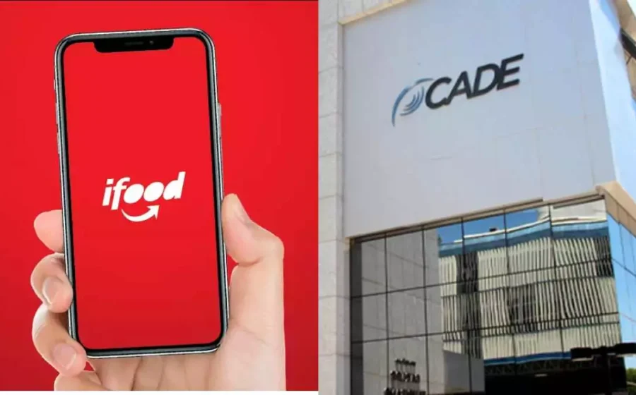 Logotipo do aiqfome e iFood com balança da justiça e prédio do CADE ao fundo